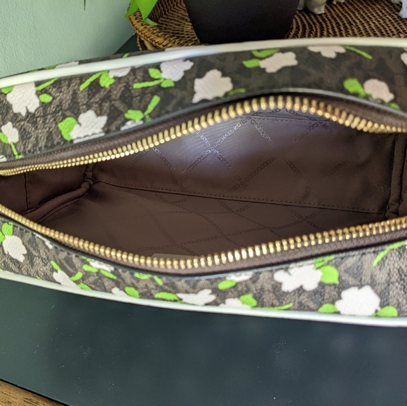 Michael Kors Jet Set Large Zip Travel Cosmetic Pouch Brown Pink Floral Print - Picture 8 of 13